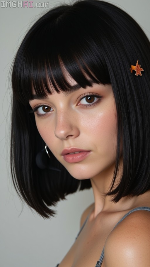 Close-up portrait of a young woman with short black hair and an orange star hair clip wearing a headset.