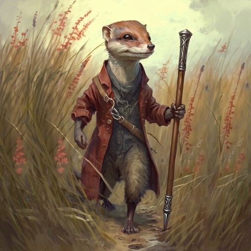 Anthropomorphic ferret in a red coat holding an iron-tipped staff in a grassy field.
