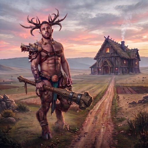 A muscular male satyr with antlers and hooves holds a large wooden club on a path near a cottage at sunset.