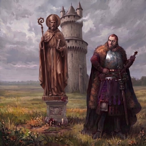 A digital painting of Sir Arthur de Willforth standing in a field next to a tall stone statue of a bishop, with a medieval castle tower in the background.