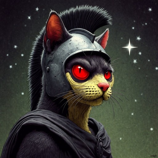 A close-up portrait of a cat with glowing red eyes and a black mohawk, wearing a metal helmet and dark cape against a starry background in a 90s cartoon style.
