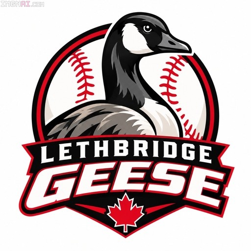 Lethbridge Geese baseball logo featuring a Canada goose head over a baseball with red stitching and a red maple leaf.
