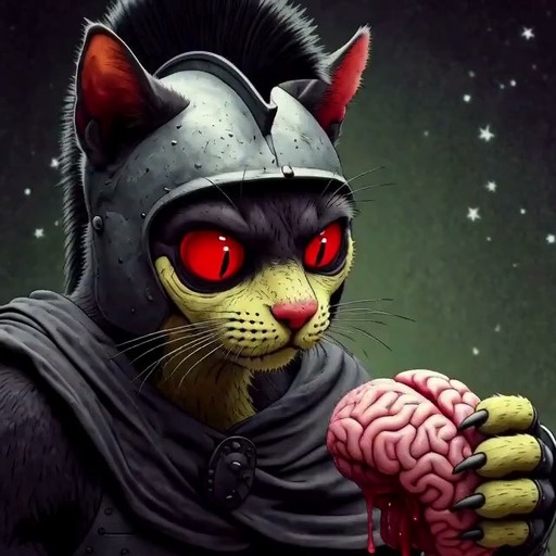 A black and yellow cat-like creature in a metal helmet holds and eats a raw brain against a starry background.