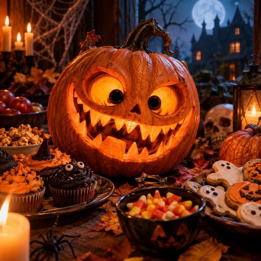 A glowing jack-o-lantern with a toothy grin surrounded by Halloween treats like cupcakes and candy corn on a table with a spooky house in the background.