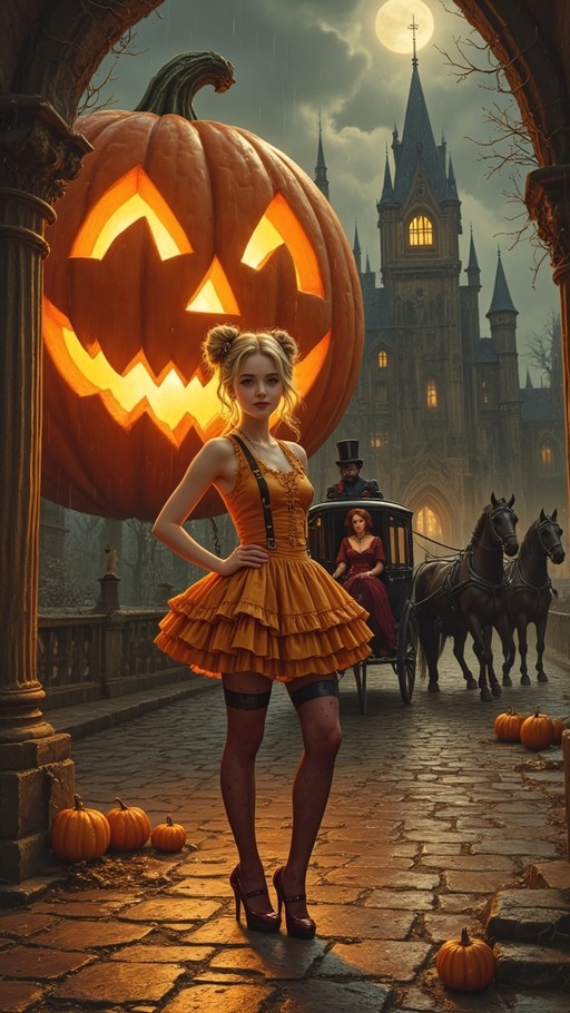 A blonde woman in an orange ruffled dress stands next to a large glowing jack-o'-lantern with a gothic castle and carriage in the background.