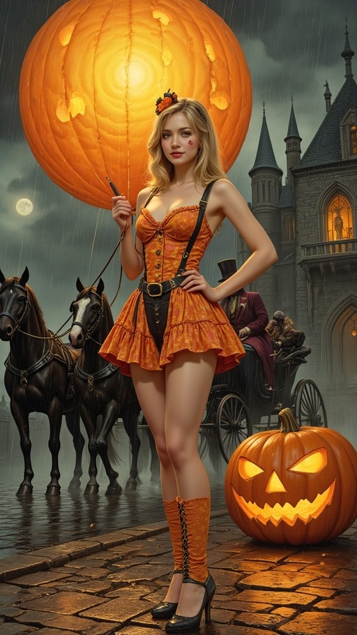 A blonde woman in an orange Halloween costume stands next to a giant glowing pumpkin lantern with black horses and a Gothic castle in the background.