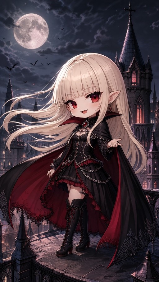 A chibi vampire girl with long blonde hair and red eyes stands on a castle balcony at night, wearing a gothic dress and cape with bats flying near the moon.