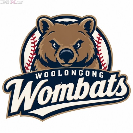 A digital illustration of a Woolongong Wombats baseball logo featuring a fierce brown animal mascot head in front of a baseball with red stitching.