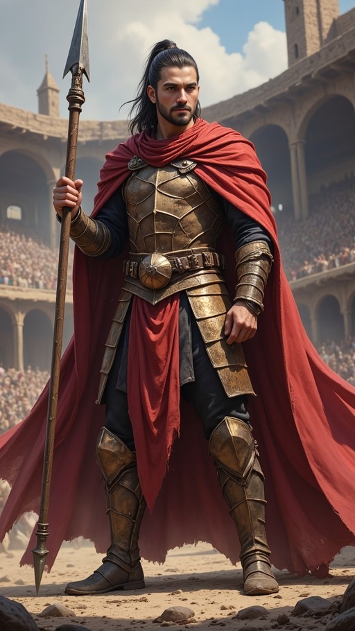 A full-body shot of a muscular man with dark hair and a beard wearing bronze scale armor and a red cloak, holding a spear in an outdoor arena.