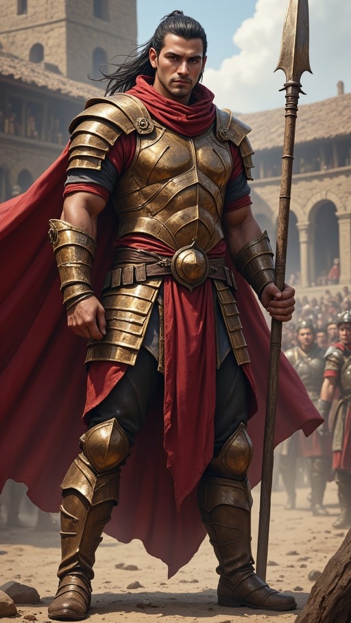 A muscular male warrior in golden scale armor and a red cape holds a spear while standing in an ancient arena with other soldiers in the background.