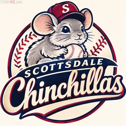 A cartoon chinchilla wearing a red baseball cap holding a ball in front of a stitched baseball background with the text "Scottsdale Chinchillas"