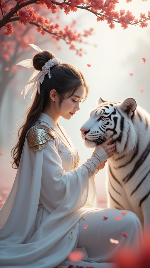 A young woman in white armor kneels under a blooming tree, gently touching the face of a large white tiger as pink petals fall around them.