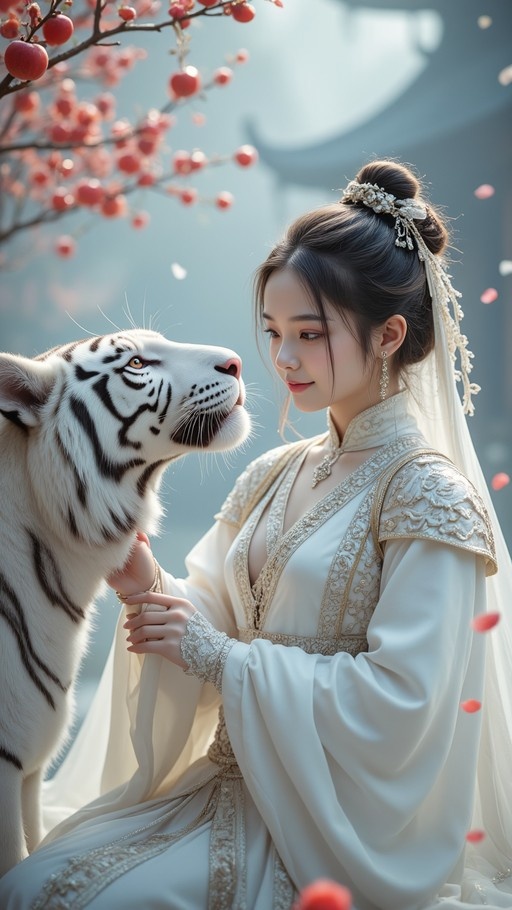 A young woman in white and gold armor-style robes gently pets a large white tiger near branches of red fruit.