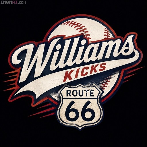 A vintage-style baseball logo with the text 'Williams Kicks' and a Route 66 shield on a black background.