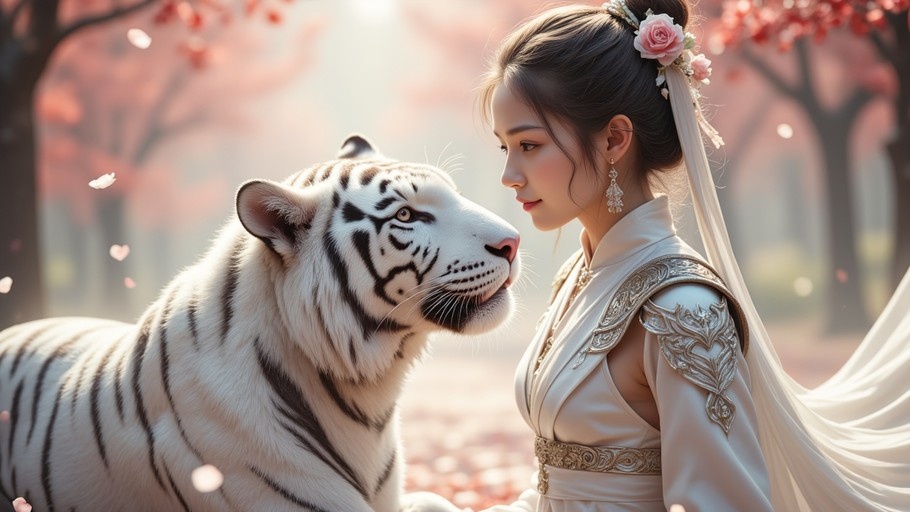 A young woman in white armor and a veil looks closely at a large white tiger in a misty garden with falling petals.