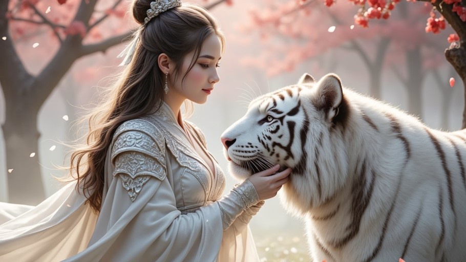 A young woman in white fantasy armor gently touches the face of a large white tiger amidst falling pink petals.