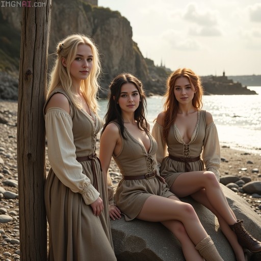 Three women in medieval-style tunics and bodices pose on a pebbly shore with coastal cliffs behind them.