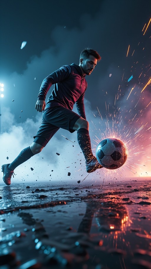 A male soccer player in dark sportswear kicks a glowing soccer ball that emits sparks, with debris flying from the shattered ground beneath him in a cinematic low-angle shot.