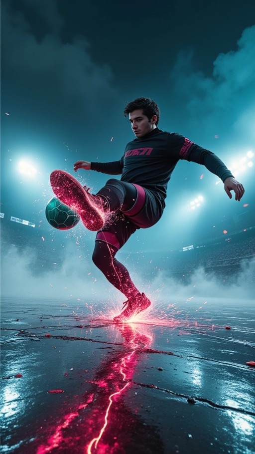A stylized male soccer player in black gear kicks a glowing ball in a stadium at night, creating electric sparks.