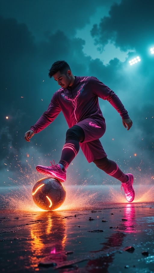 A futuristic male soccer player in a magenta uniform strikes a glowing orange ball, sending sparks across a reflective wet court under neon lights.