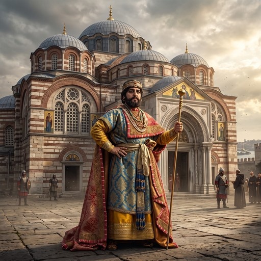 A bearded Byzantine nobleman wearing a crown and holding a scepter stands in front of a large domed church with guards nearby.