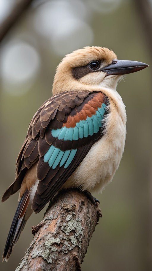 A detailed portrait of a Laughing Kookaburra perched on a weathered branch, showcasing its cream head, dark eye-stripe, and vibrant turquoise-blue wing patches.