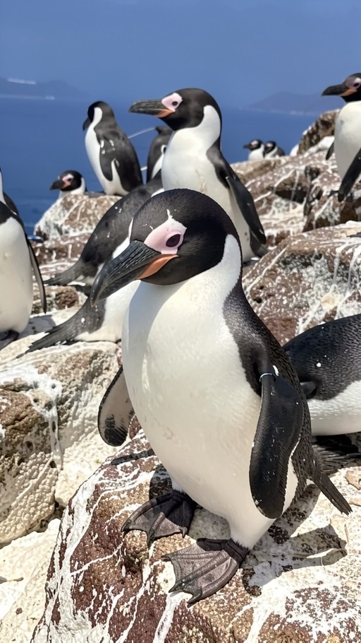 A close-up of a penguin standing on rocky terrain with a colony of other penguins and the ocean in the background.
