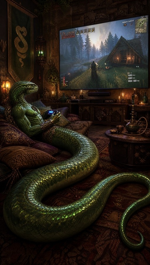 A green scaled yuan-ti with a snake tail lounging on pillows holding a controller while watching Valheim on a TV screen.