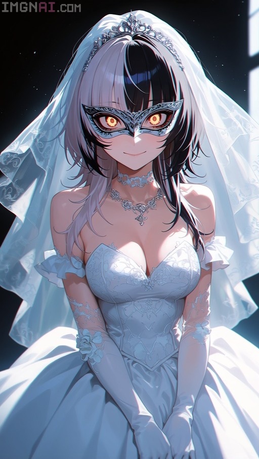 Shiori Novella in a white wedding dress and veil wearing a silver masquerade mask.