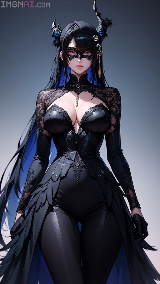 Digital illustration of the virtual YouTuber Nerissa Ravencroft wearing a black lace outfit and a feathered masquerade mask.