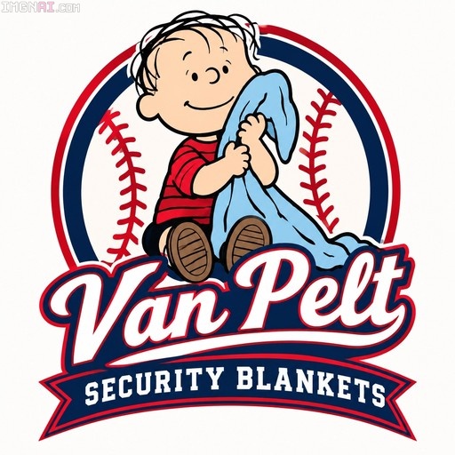 Linus Van Pelt holding his blue security blanket inside a baseball-shaped logo with the text 'Van Pelt Security Blankets'.