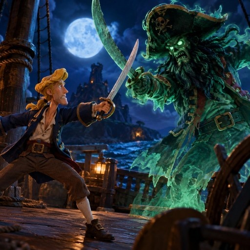 Guybrush Threepwood duels the green glowing ghost pirate LeChuck on a ship deck under a full moon.