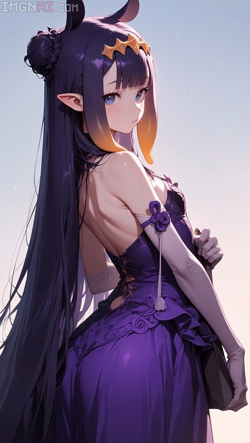 Ninomae Ina'nis in a purple backless dress looking over her shoulder with pointed ears and horns.