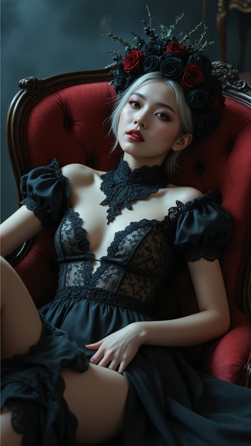 A woman with short white hair wearing a black lace dress and a crown of black and red roses reclines on a red velvet chair.