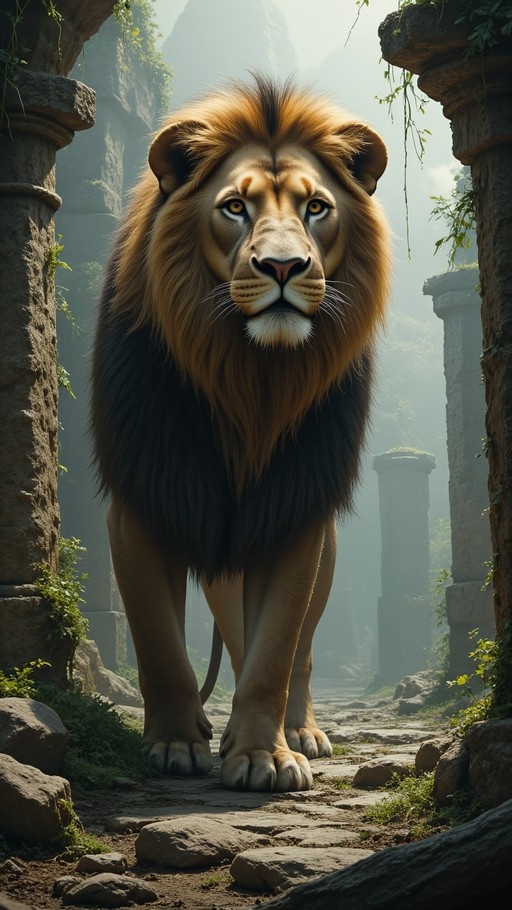 A majestic male lion with a thick golden and dark mane walks forward through crumbling stone ruins covered in green vines and moss under dramatic lighting.