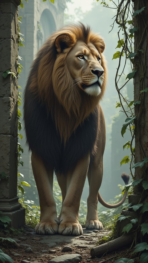 A majestic male lion stands guard amidst crumbling stone ruins draped in vines and moss.