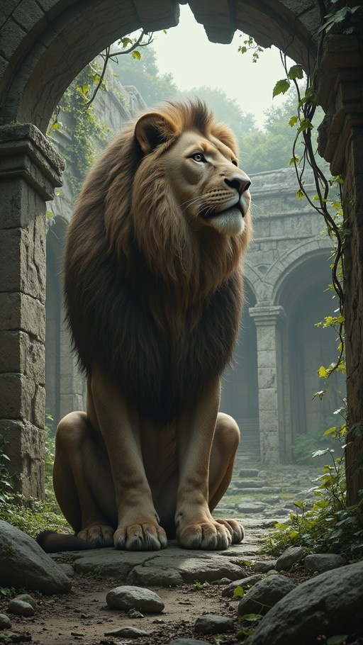 A majestic male lion sits under a stone arch in overgrown ancient ruins.