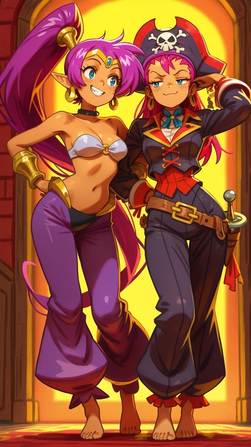Shantae and Risky Boots posing barefoot in a warmly lit room, with Shantae in purple genie attire and Risky Boots in a pirate hat and coat.