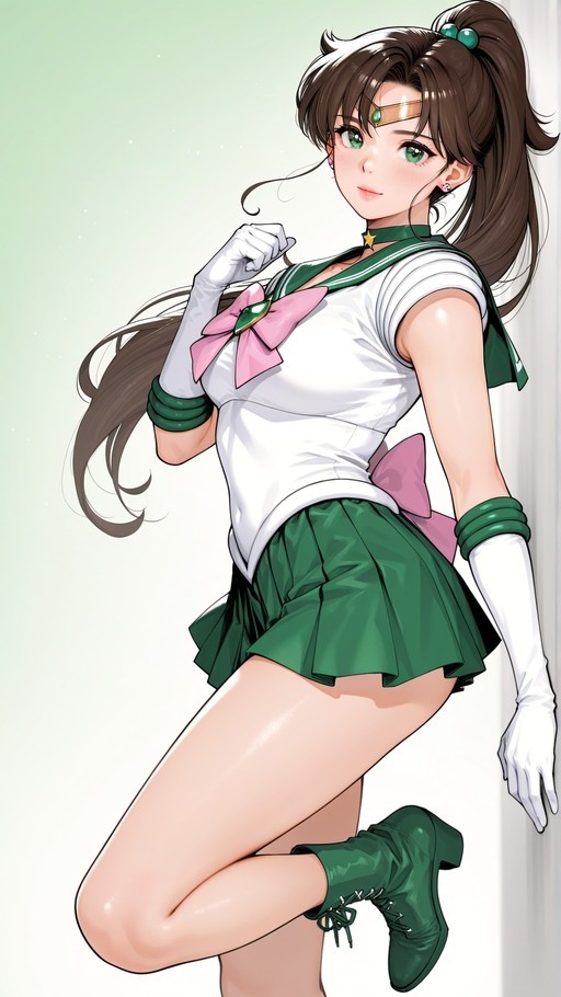 Sailor Jupiter Makoto Kino standing in her green and white sailor uniform with a pink bow.