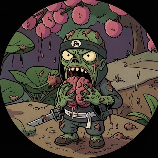 A green-skinned zombie ninja holding a brain and a knife under pink cherry blossom trees in a 1990s cartoon style.
