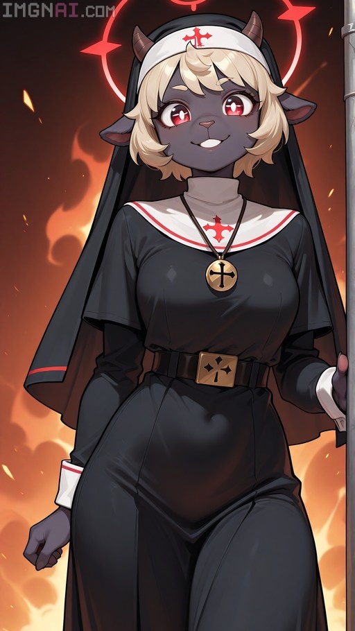 A female anthropomorphic sheep character with grey fur and blonde hair wearing a black nun's habit with red crosses against a fiery background.