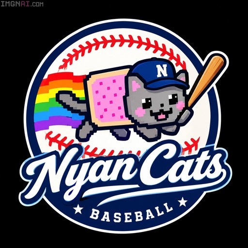 Pixel art logo featuring Nyan Cat wearing a blue baseball cap and holding a bat against a baseball background.