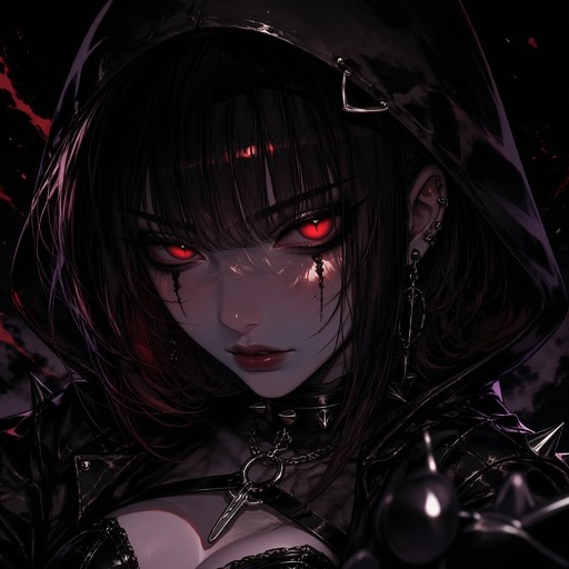 A close-up portrait of a pale gothic girl with glowing red slit pupils, wearing a spiked black hood and multiple ear piercings, with dark streaks running down her face.