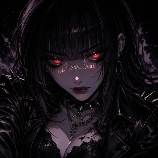 A close-up of an anime-style goth girl with glowing red eyes, long black hair, and a spiked choker against a dark background.