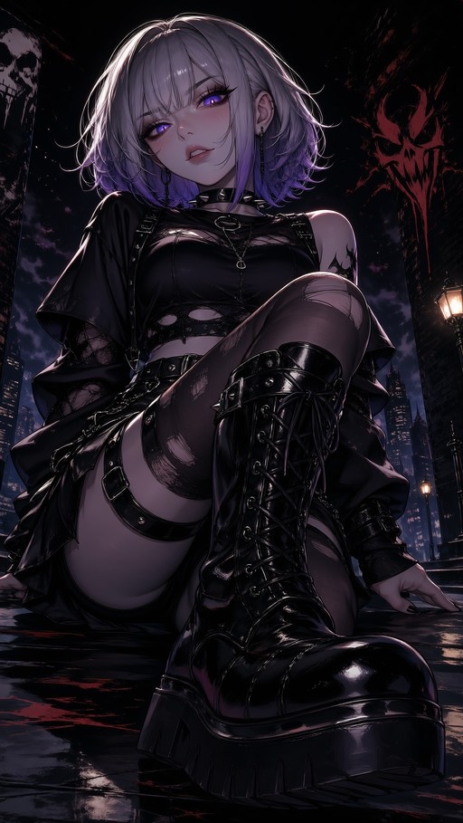 Anime girl with purple eyes and silver hair wearing a spiked choker and large black boots, kneeling on a wet street at night.