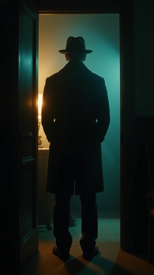 A man wearing a fedora and trench coat stands with his back to the viewer in a dark doorway, illuminated by warm lamp light and cool blue ambient light.