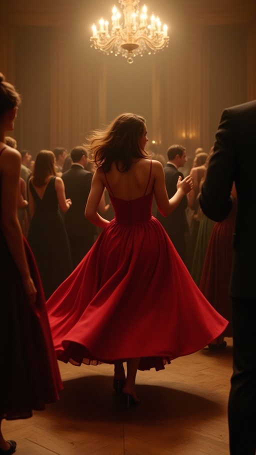 A woman in a long red dress twirling on a dance floor in a crowded ballroom under a chandelier.