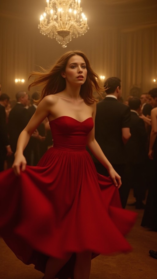 A young woman in a flowing red strapless dress spins in a crowded ballroom under a chandelier.