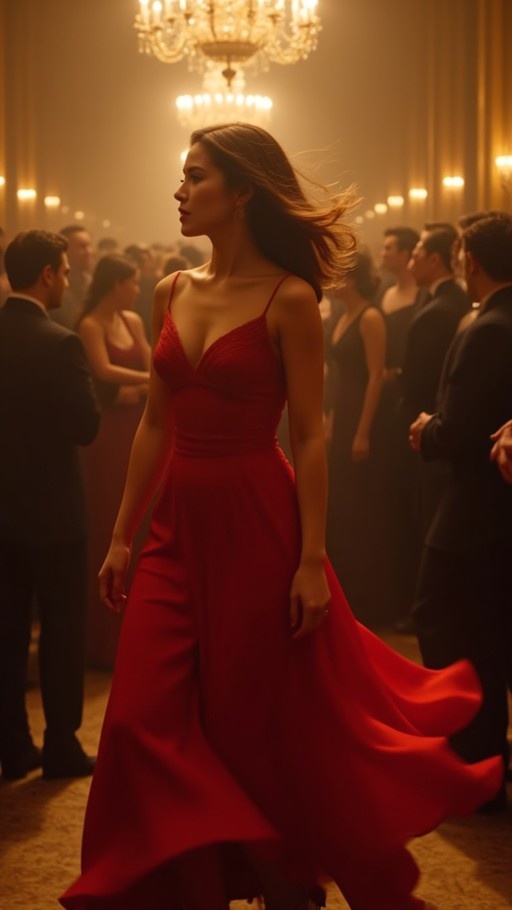 A woman in a flowing red gown spins in a crowded ballroom under chandeliers.