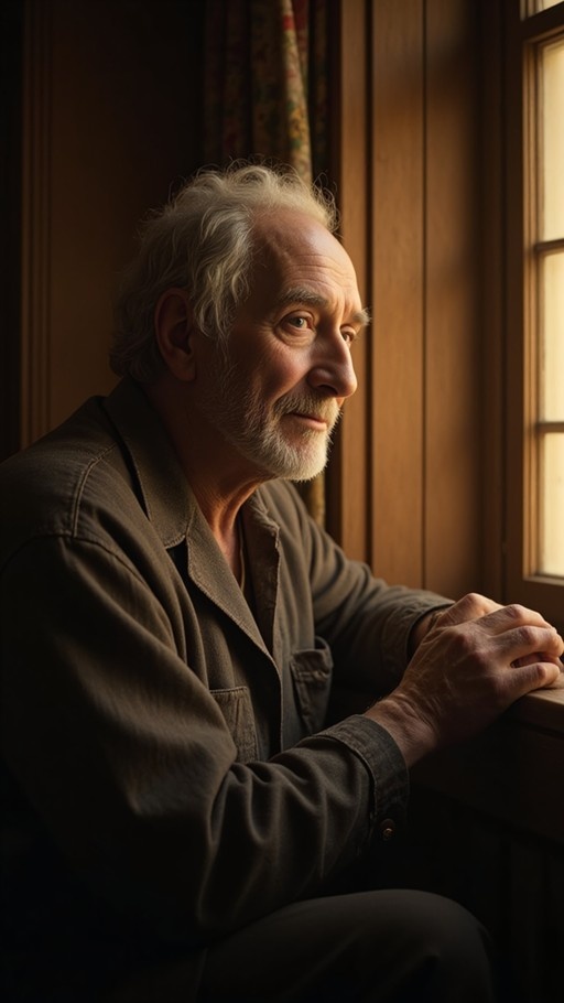 An elderly man with grey hair and a beard sits by a window in warm golden light, looking contemplative.